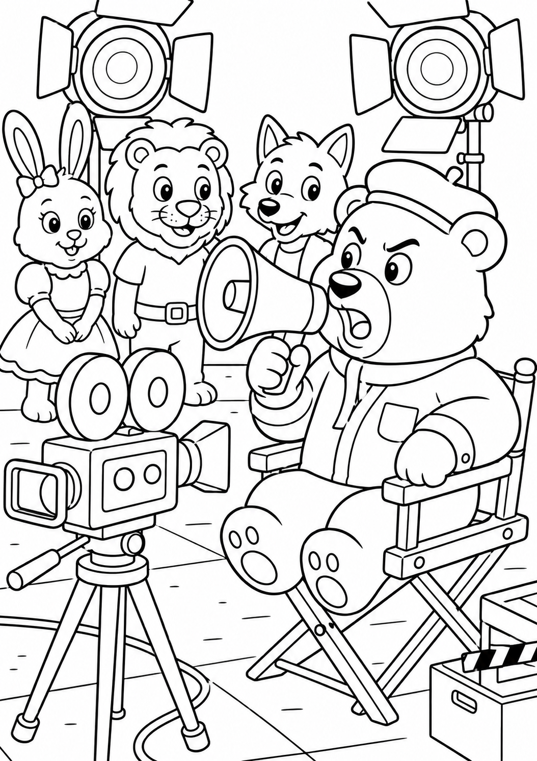 A fun coloring page depicting a film set with animal characters, including a bear director, lion, rabbit, and wolf, surrounded by cameras and lights, designed for children's creative coloring fun.