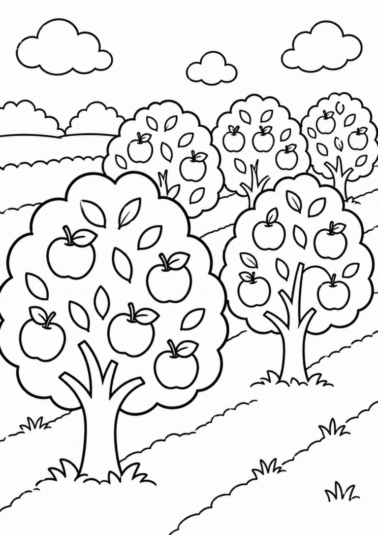 A children's coloring page of an apple orchard with several trees bearing apples. The background shows rolling hills and clouds, creating a picturesque landscape for kids to color and enjoy.