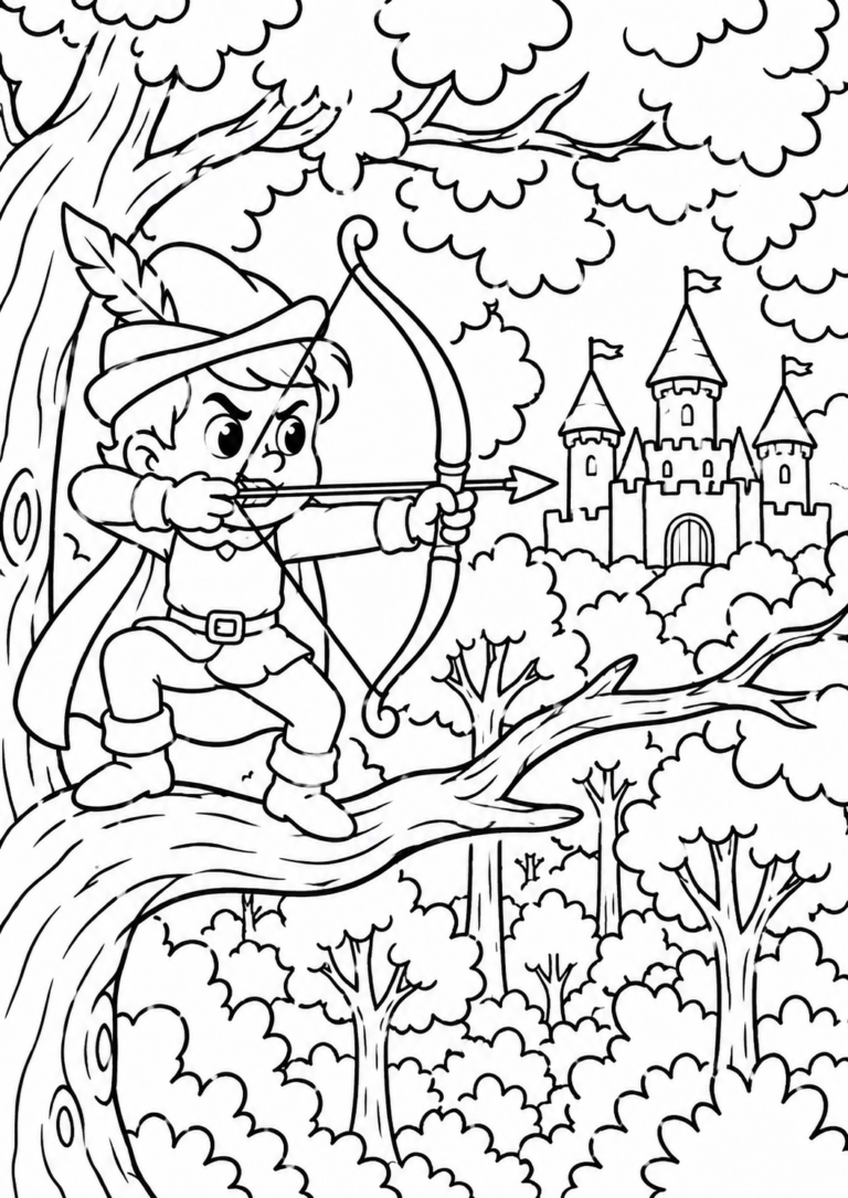 A young archer stands on a tree branch aiming an arrow. A castle towers in the background, surrounded by a lush forest, creating a fairy tale scene perfect for children's coloring activities.