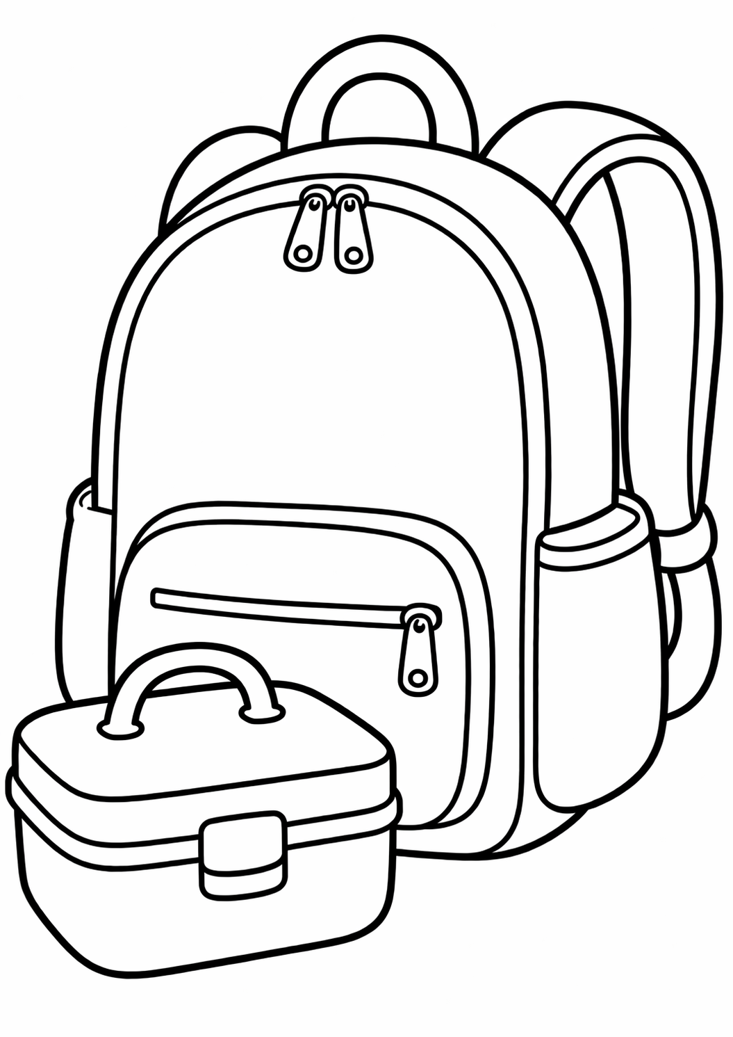 A black and white outline of a backpack and lunchbox that kids can color in. Suitable for a creative and educational coloring activity, helping children engage with familiar school items.