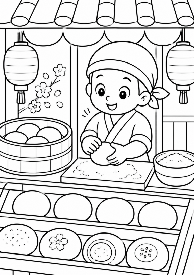 A young baker in a cozy bakery, rolling dough beside a basket and shelf filled with various buns. Lanterns and floral decorations add charm to the scene, inviting children to explore and color the details.