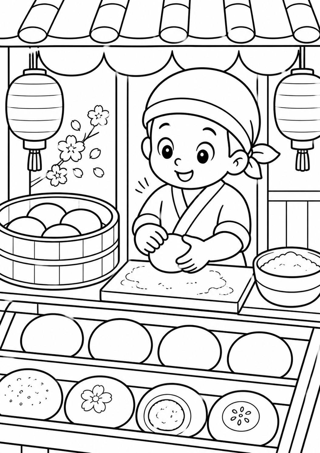 A young baker in a cozy bakery, rolling dough beside a basket and shelf filled with various buns. Lanterns and floral decorations add charm to the scene, inviting children to explore and color the details.