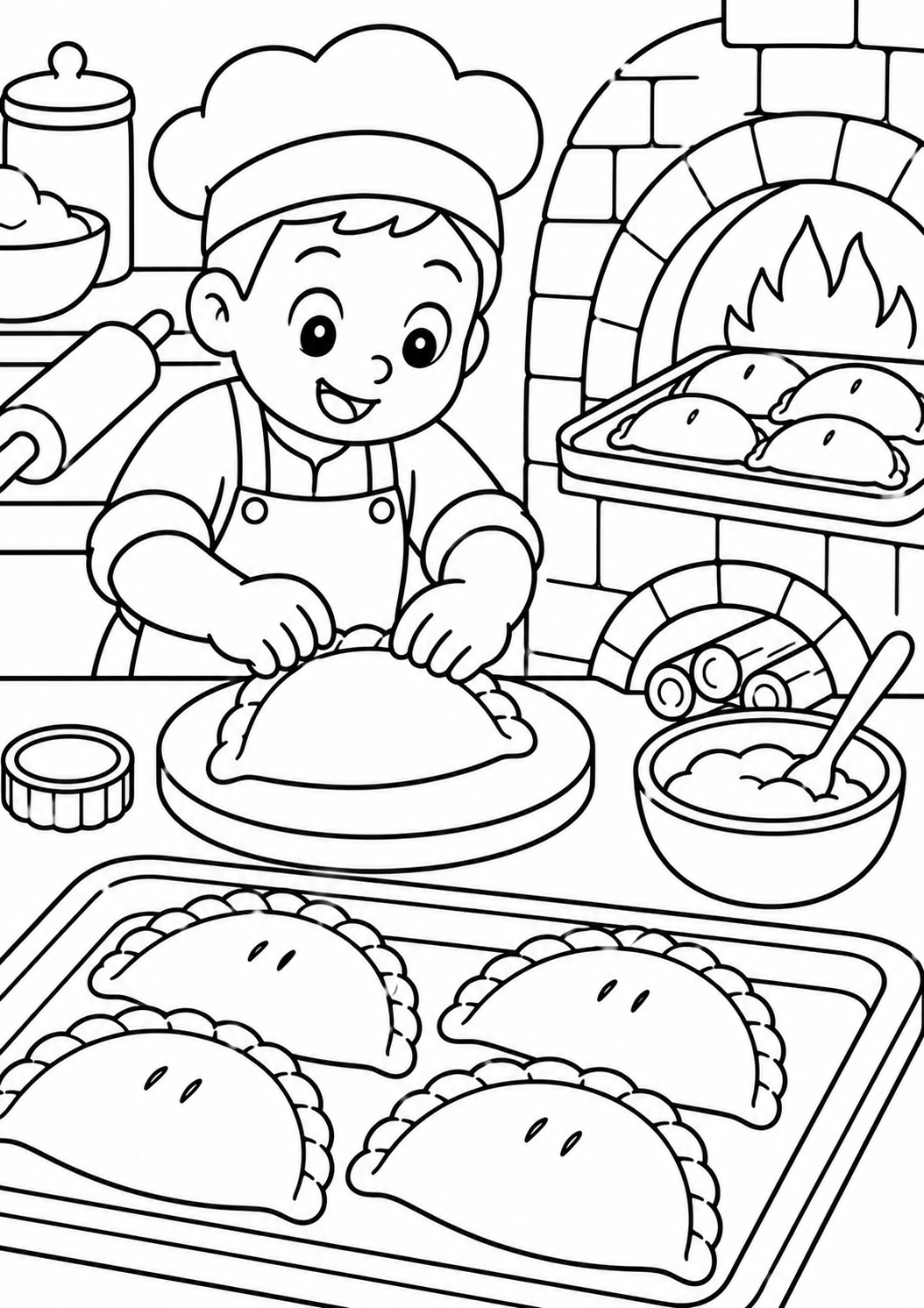 A coloring page of a smiling young baker at work in a kitchen, preparing delicious pastries. The child is surrounded by a variety of baking tools, an oven, and freshly baked goods, inviting creativity and color.