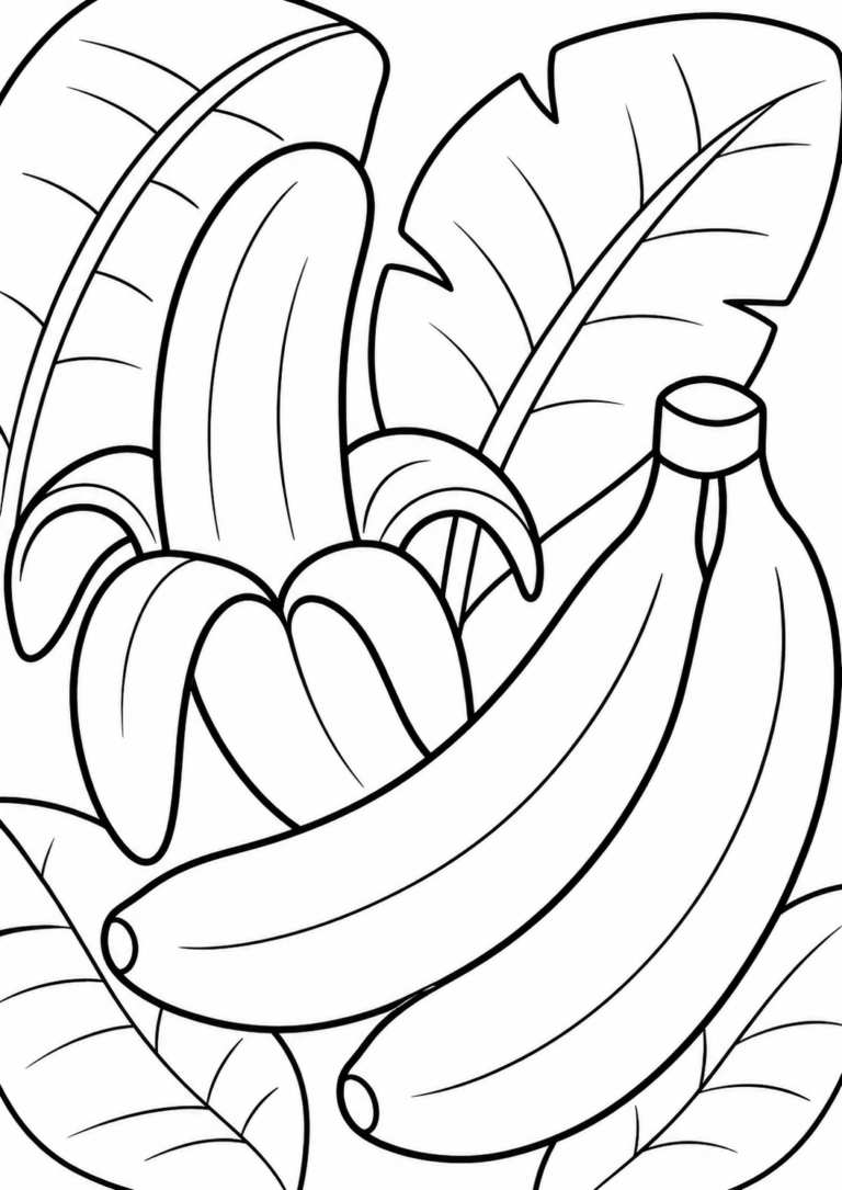 This banana coloring page showcases a detailed illustration of a banana with its peel, along with surrounding banana leaves. Children can use various colors to bring this fruit-themed page to life, enhancing their creativity and understanding of fruits.