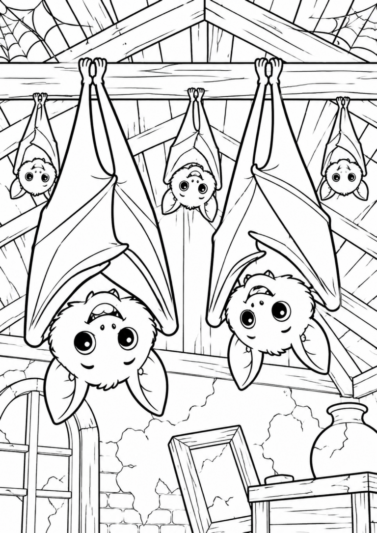 A coloring page depicting adorable bats hanging in a wooden attic. Their big eyes and furry ears make them endearing, and the background's spider webs and window create an intriguing scene for children to enjoy coloring.