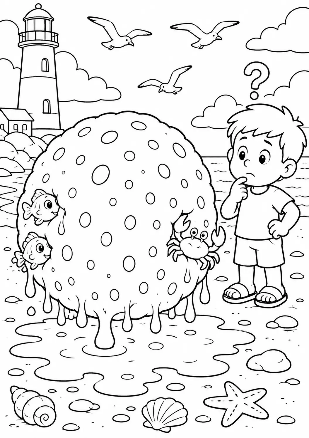 A child at the beach stands next to a mysterious large ball with fish and a crab peeking out. A lighthouse and seagulls are in the background in this fun children's coloring page.