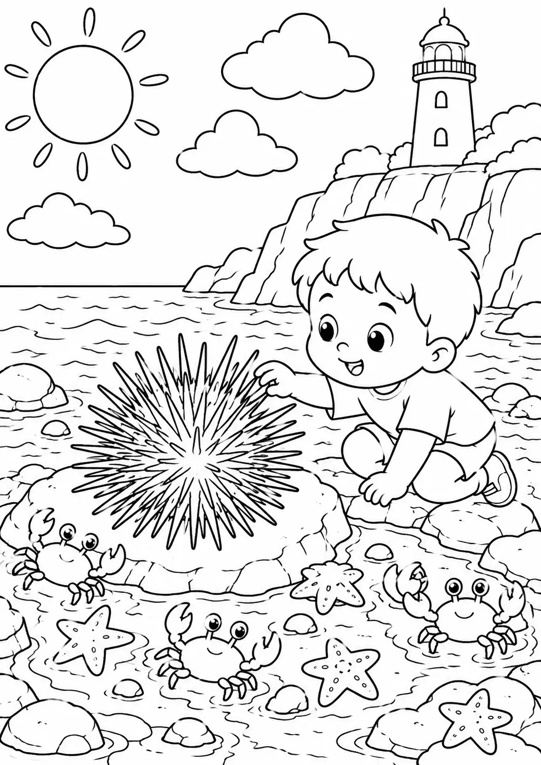 Coloring page depicting a child at the beach exploring sea creatures. There's a sea urchin, playful crabs, and starfish, with a lighthouse on a cliff. The sun shines over the peaceful sea, creating a joyful scene.