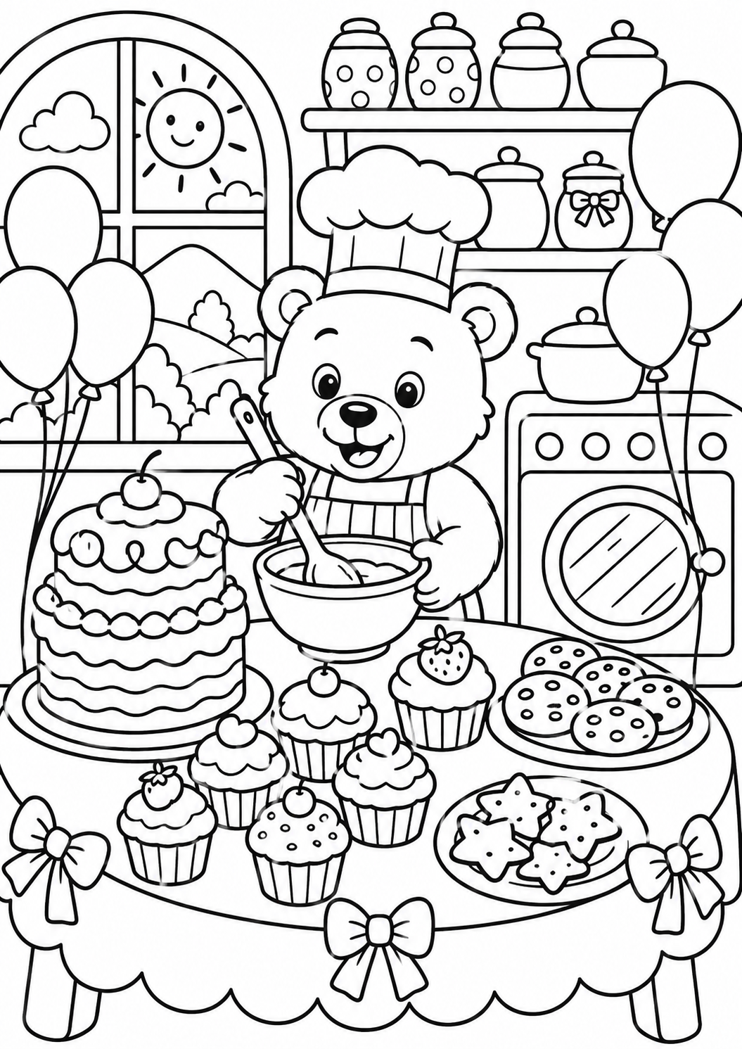 A charming bear dressed as a chef mixes batter in a bowl, surrounded by cupcakes, cookies, and a cake on a decorated table, with a sunny window view and colorful balloons in the kitchen.