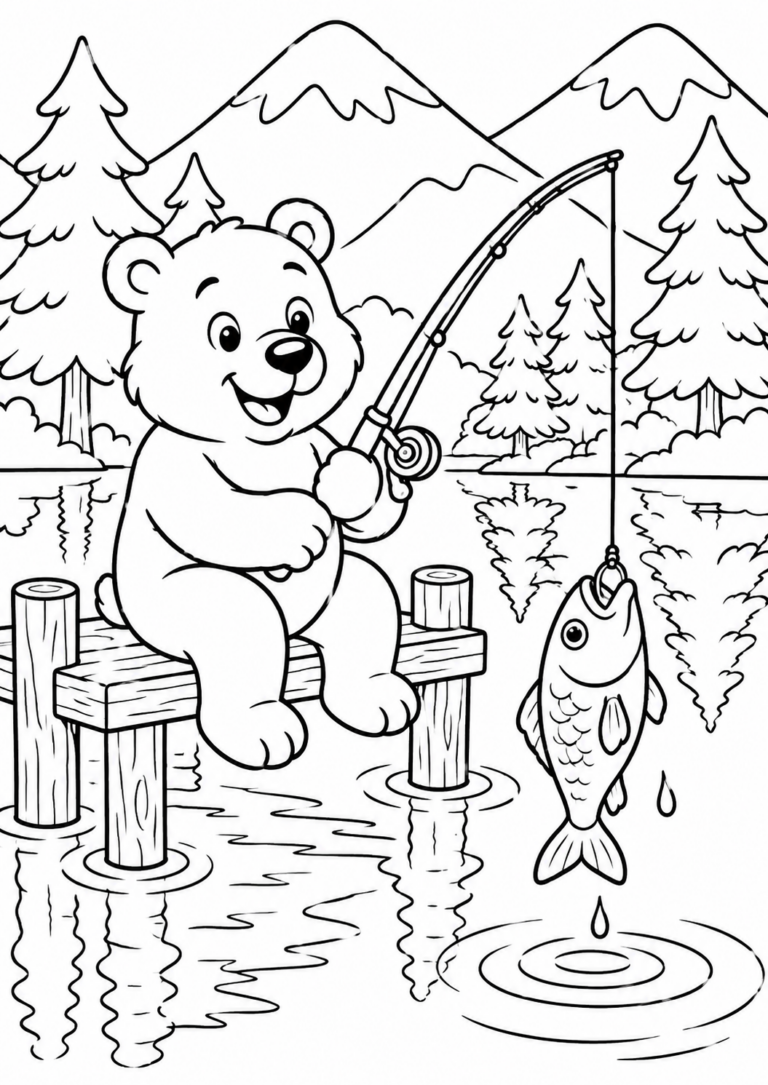 A cute bear fishing on a wooden pier with mountains and trees in the background, ready for kids to color in their style.