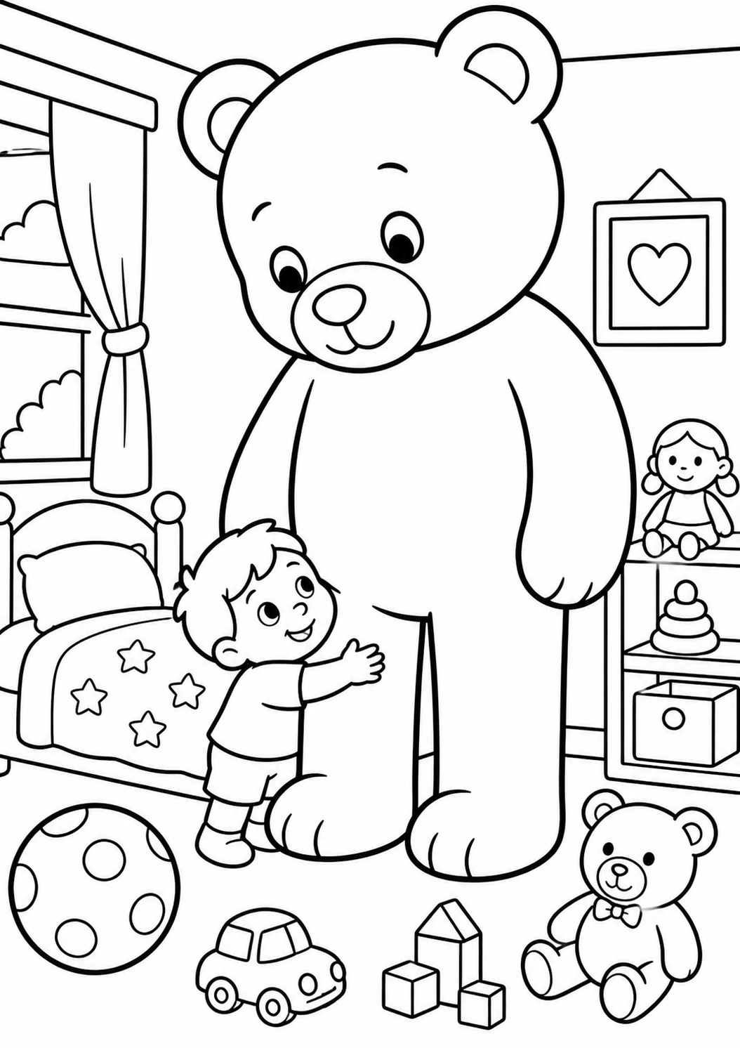 A child joyfully hugging a large teddy bear in a bedroom filled with toys, showcasing a heartwarming and inviting scene for coloring.