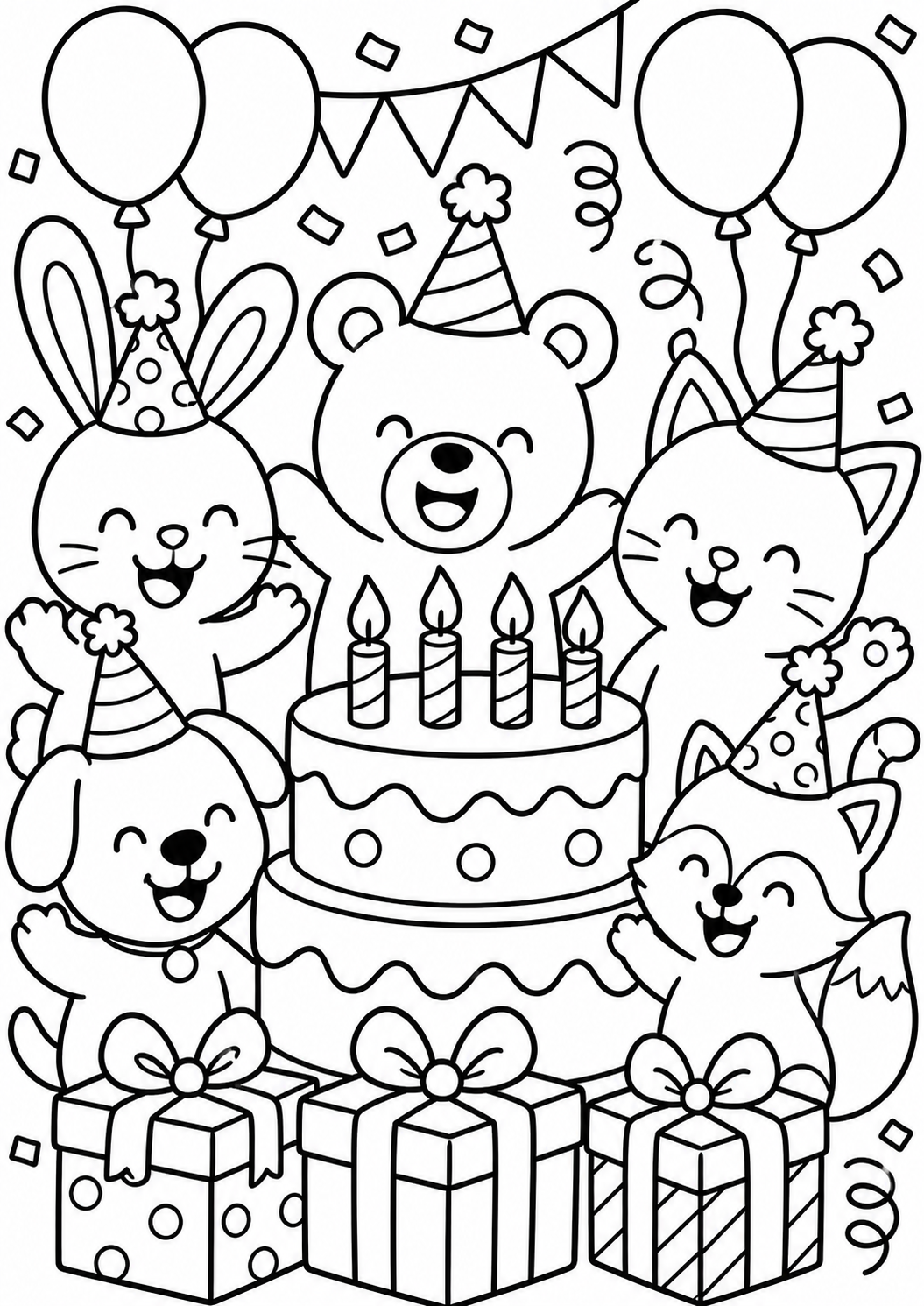 The coloring page features a happy group of animals celebrating a birthday. A bear, cat, rabbit, dog, and fox are having fun with a cake, presents, and balloons. It’s a delightful activity for children to color.