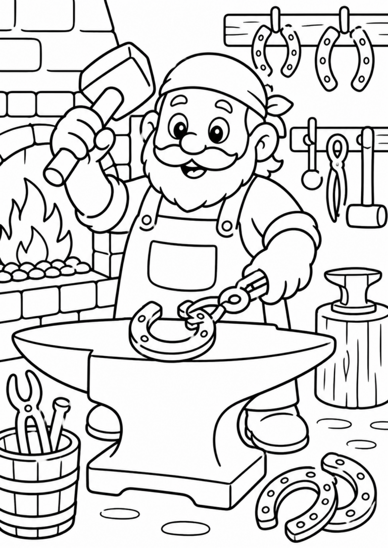 A friendly blacksmith in his workshop with tools, horseshoes, and a forge, ready for children to color. The scene captures the essence of traditional blacksmithing.