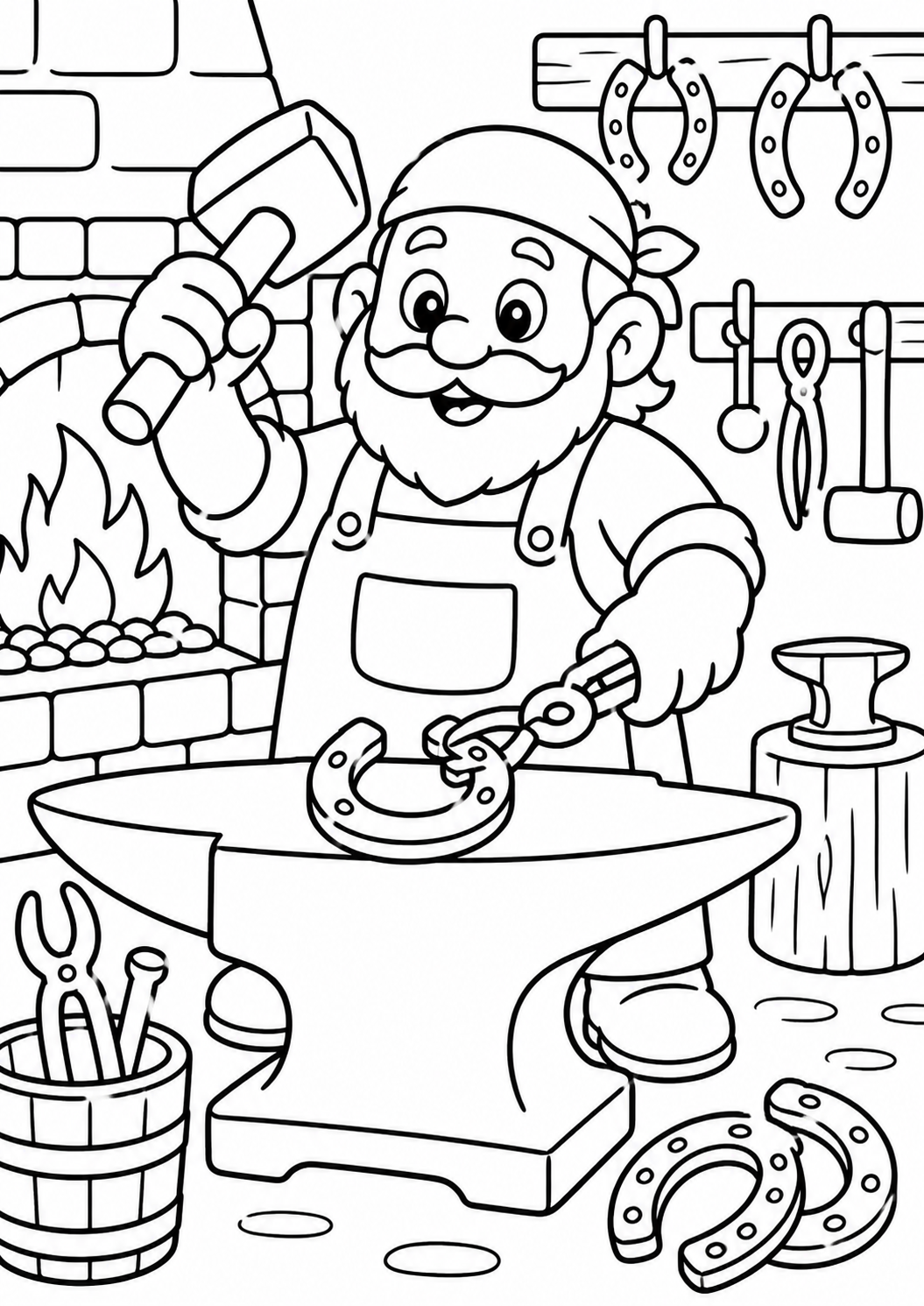 A friendly blacksmith in his workshop with tools, horseshoes, and a forge, ready for children to color. The scene captures the essence of traditional blacksmithing.