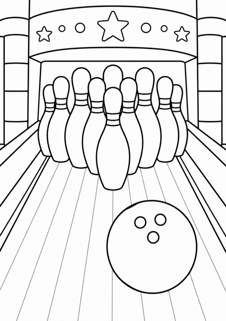 A detailed coloring page showing a bowling alley with a ball and pins arranged, inviting children to bring the scene to life with color.