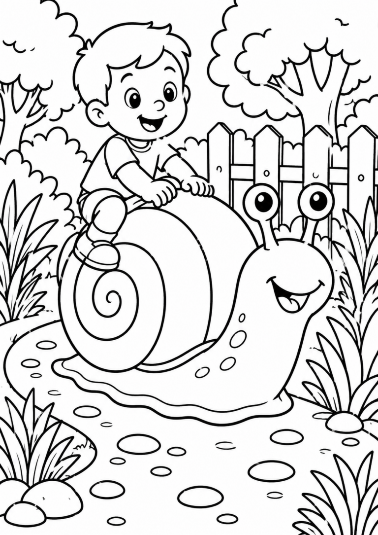 A joyful boy riding a big, friendly snail with a spiral shell in a peaceful garden setting, inviting kids to color.