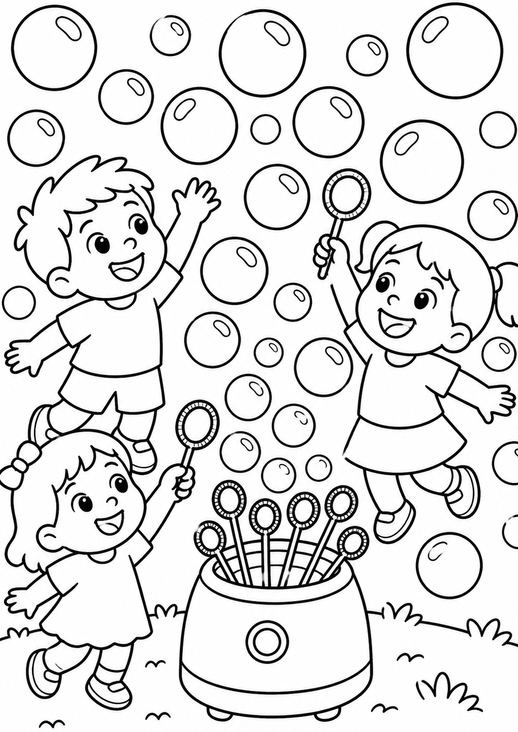 Coloring page depicting children joyfully playing with bubbles. They are using wands to catch bubbles floating in the air. The scene is lively and full of excitement, inviting children to color the playful atmosphere.