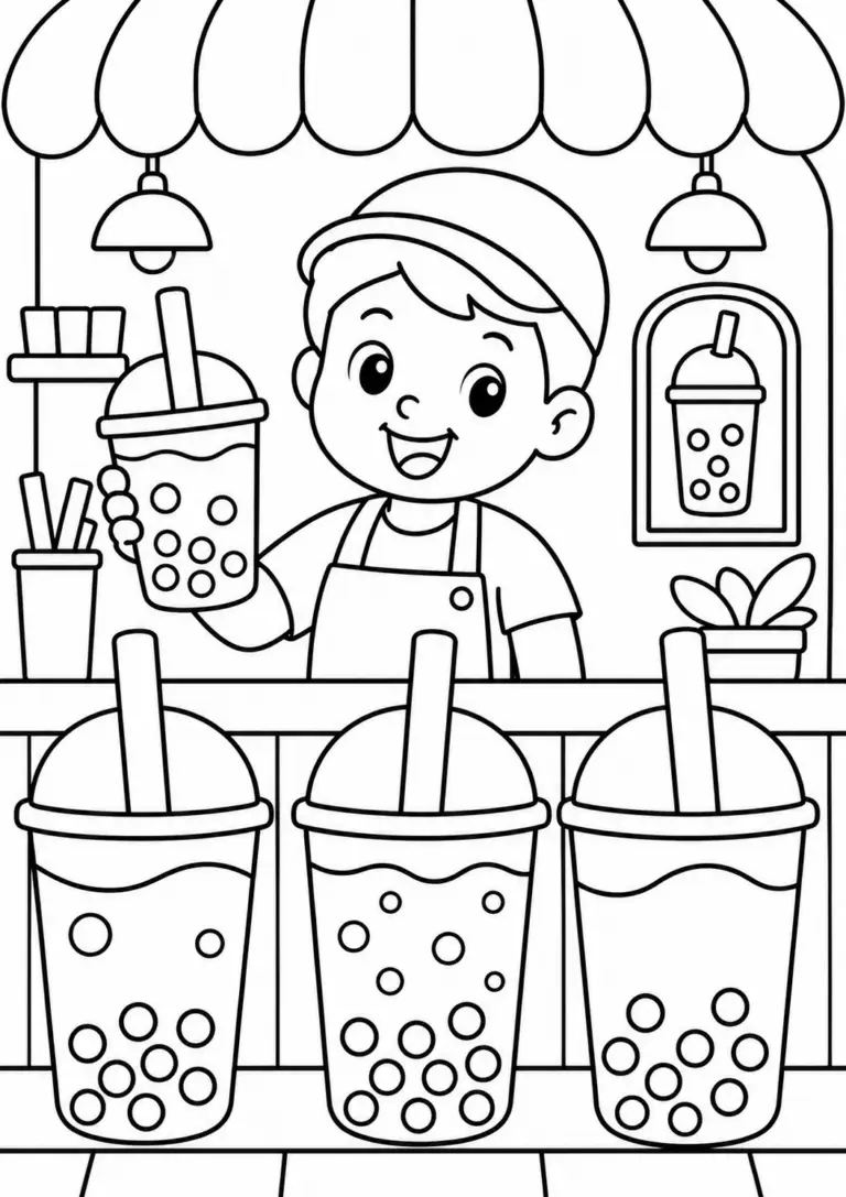 A vibrant image of a child at a bubble tea stand, holding a cup of bubble tea, surrounded by cups with tapioca bubbles and straws, perfect for kids to color.