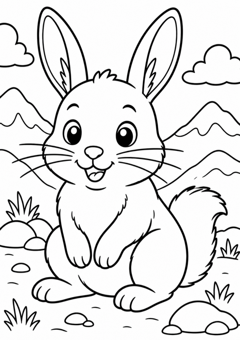 A cute bunny with fluffy fur sits amidst a simple background of hills and clouds, creating a fun and easy coloring activity for children.