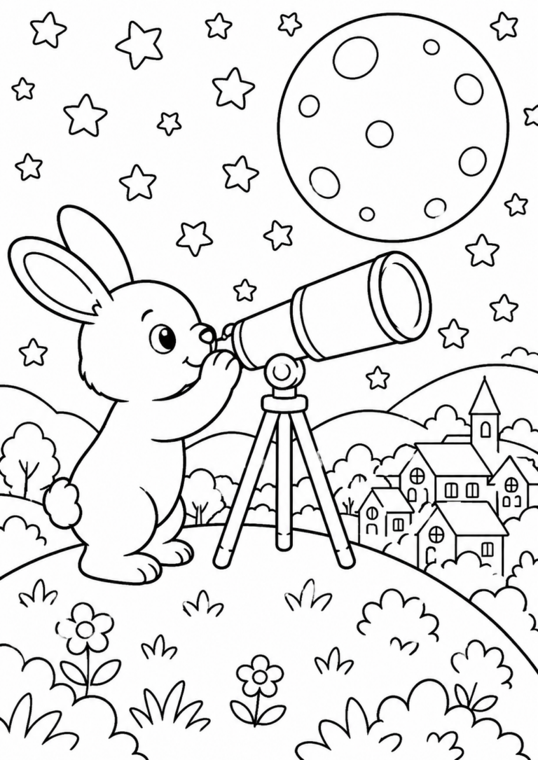 A delightful coloring page depicting a bunny using a telescope to observe a star-filled sky. The scene includes a bright moon and a peaceful village below, set against a backdrop of trees and flowers, offering a fun and educational coloring experience.