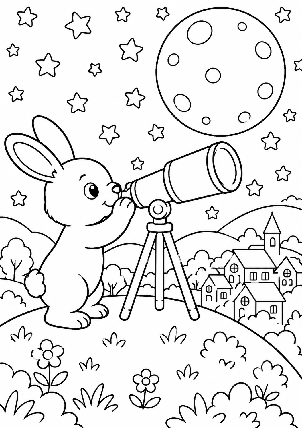A delightful coloring page depicting a bunny using a telescope to observe a star-filled sky. The scene includes a bright moon and a peaceful village below, set against a backdrop of trees and flowers, offering a fun and educational coloring experience.