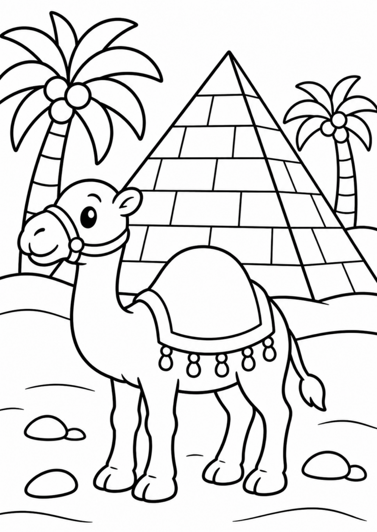 A children's coloring page showcasing a friendly camel in a desert with a pyramid and palm trees in the background. This coloring activity is ideal for teaching kids about desert environments and animals.