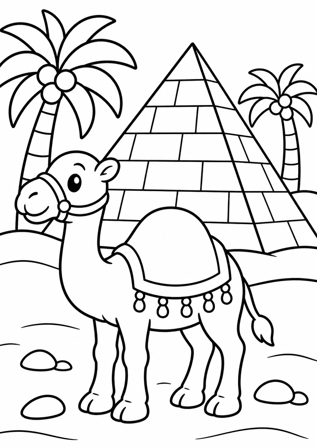 A children's coloring page showcasing a friendly camel in a desert with a pyramid and palm trees in the background. This coloring activity is ideal for teaching kids about desert environments and animals.