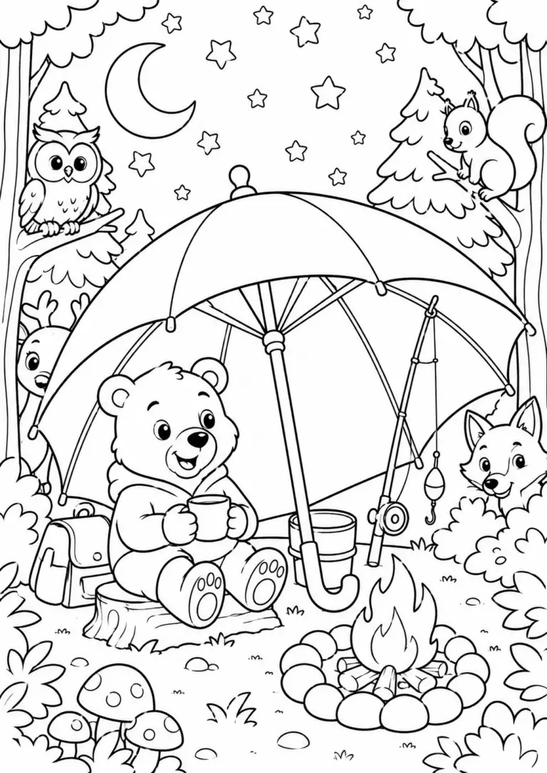 A bear at a campsite with a campfire, surrounded by forest animals such as an owl and a squirrel. The scene is set under a starry night sky with trees and a fishing rod nearby.