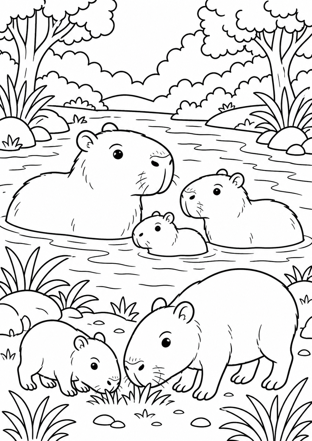 A coloring page showing a capybara family by the river. There are capybaras in the water and grazing on land with lush greenery and trees. Children can use this as an opportunity to learn about capybaras while expressing creativity.