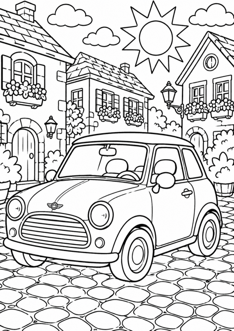 A vintage car in a quaint village setting with charming houses, cobblestone streets, and a bright sun. Ideal for children's coloring activities.