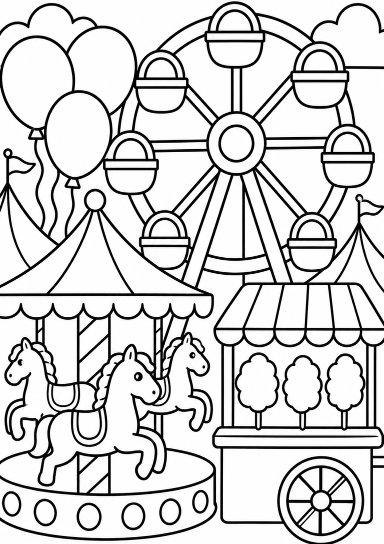 Color a vibrant carnival scene including a Ferris wheel, merry-go-round with horses, balloons, and more exciting attractions for a festive experience.