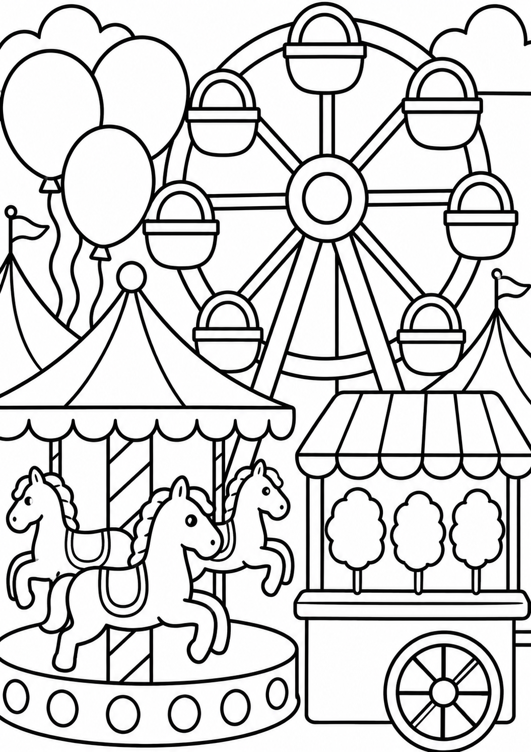 Color a vibrant carnival scene including a Ferris wheel, merry-go-round with horses, balloons, and more exciting attractions for a festive experience.