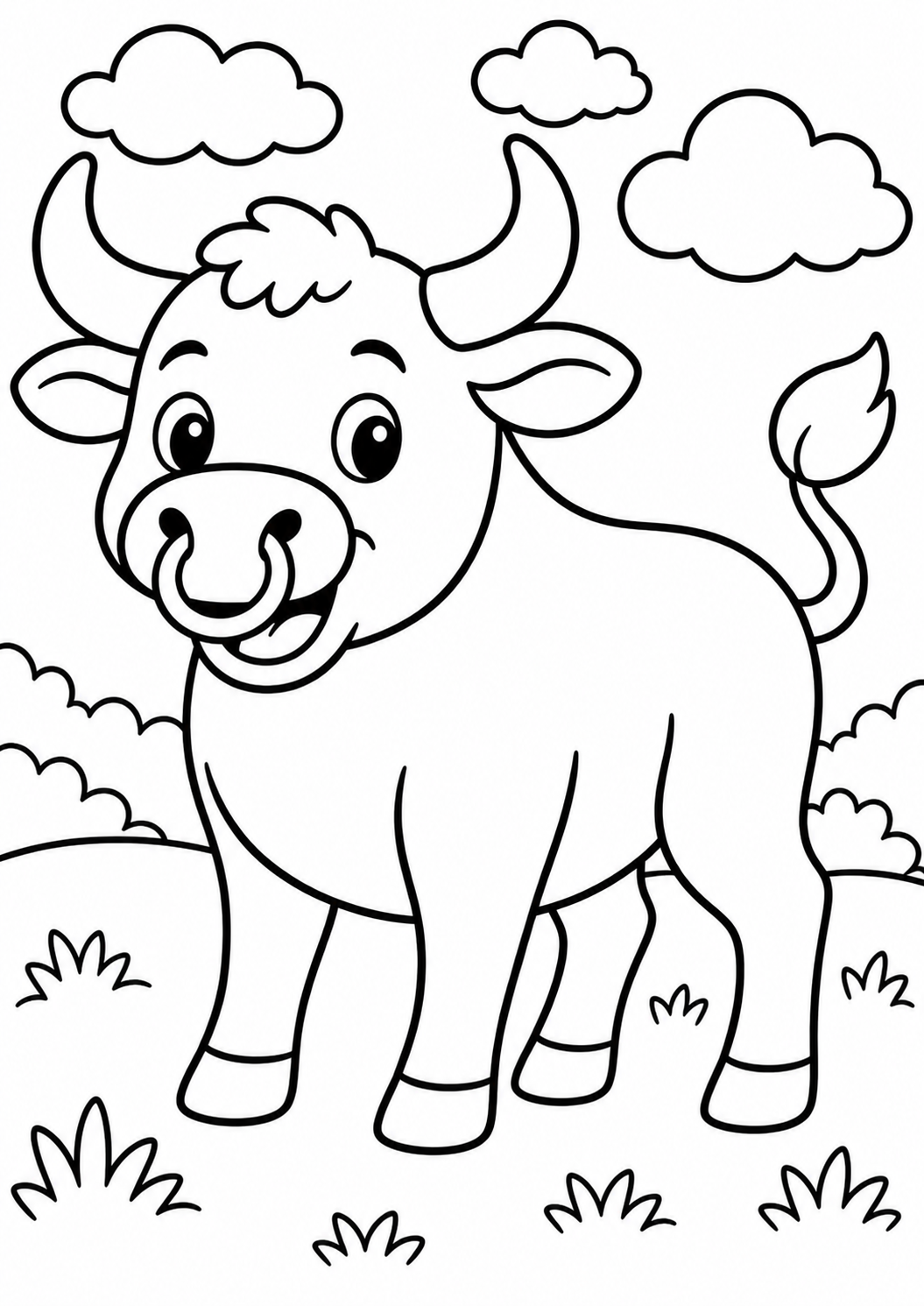 A lovable cartoon bull with big eyes and a friendly smile standing in a field. The simple design is ideal for kids to color and enjoy. Surrounded by fluffy clouds, the bull offers a cheerful and engaging coloring experience.