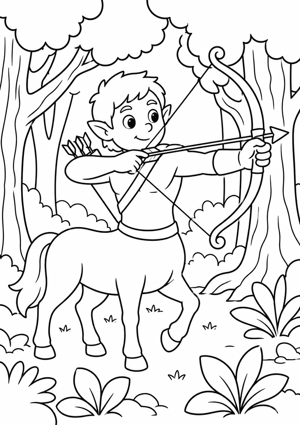 A young centaur is seen in a lush forest aiming a bow and arrow. This children's coloring page invites creativity and imagination, offering the opportunity to bring this mythical being to life with vibrant colors.