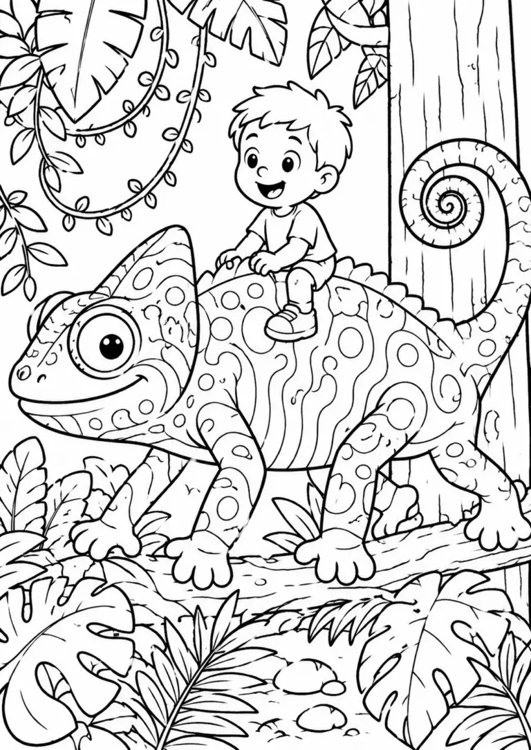 A child riding a large chameleon in a jungle setting. The chameleon has playful patterns, and the background is filled with tropical plants, providing an engaging scene for children to color.