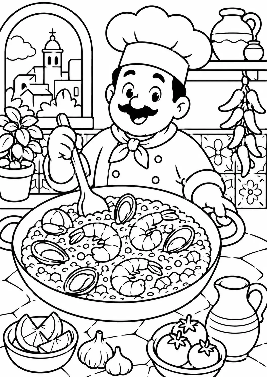 A vibrant chef coloring page featuring a jolly chef in a kitchen, stirring a seafood paella with various vegetables, herbs, and a scenic outdoor view. Perfect for kids to explore culinary themes creatively.