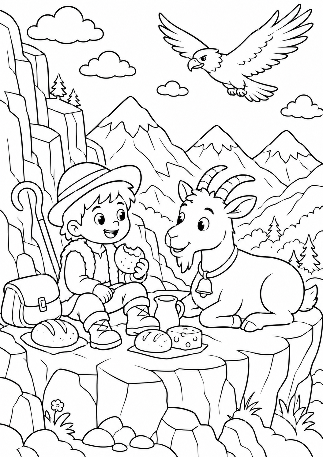 A child having a picnic with a goat on a mountain top, with an eagle flying overhead and a mountain landscape in the background, inviting children to color.