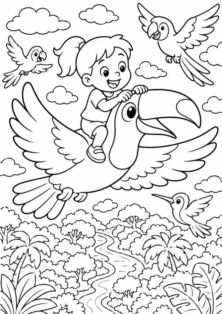 A cheerful child riding a large toucan over a jungle teeming with other colorful parrots and lush greenery, providing an exciting and adventurous coloring experience.