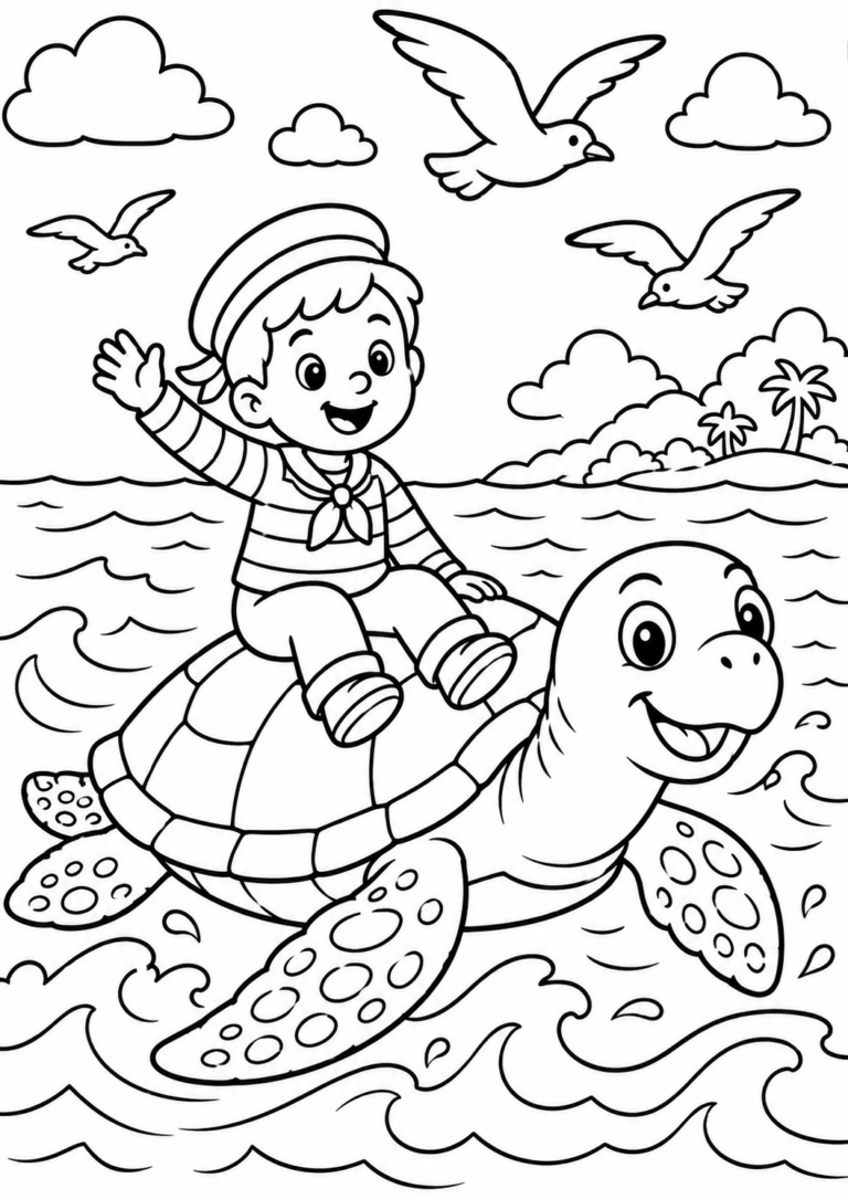 A delightful coloring page of a child joyfully sitting on a turtle in the ocean, with birds flying above under a sunny sky. This scene captures an adventurous mood for young coloring enthusiasts.