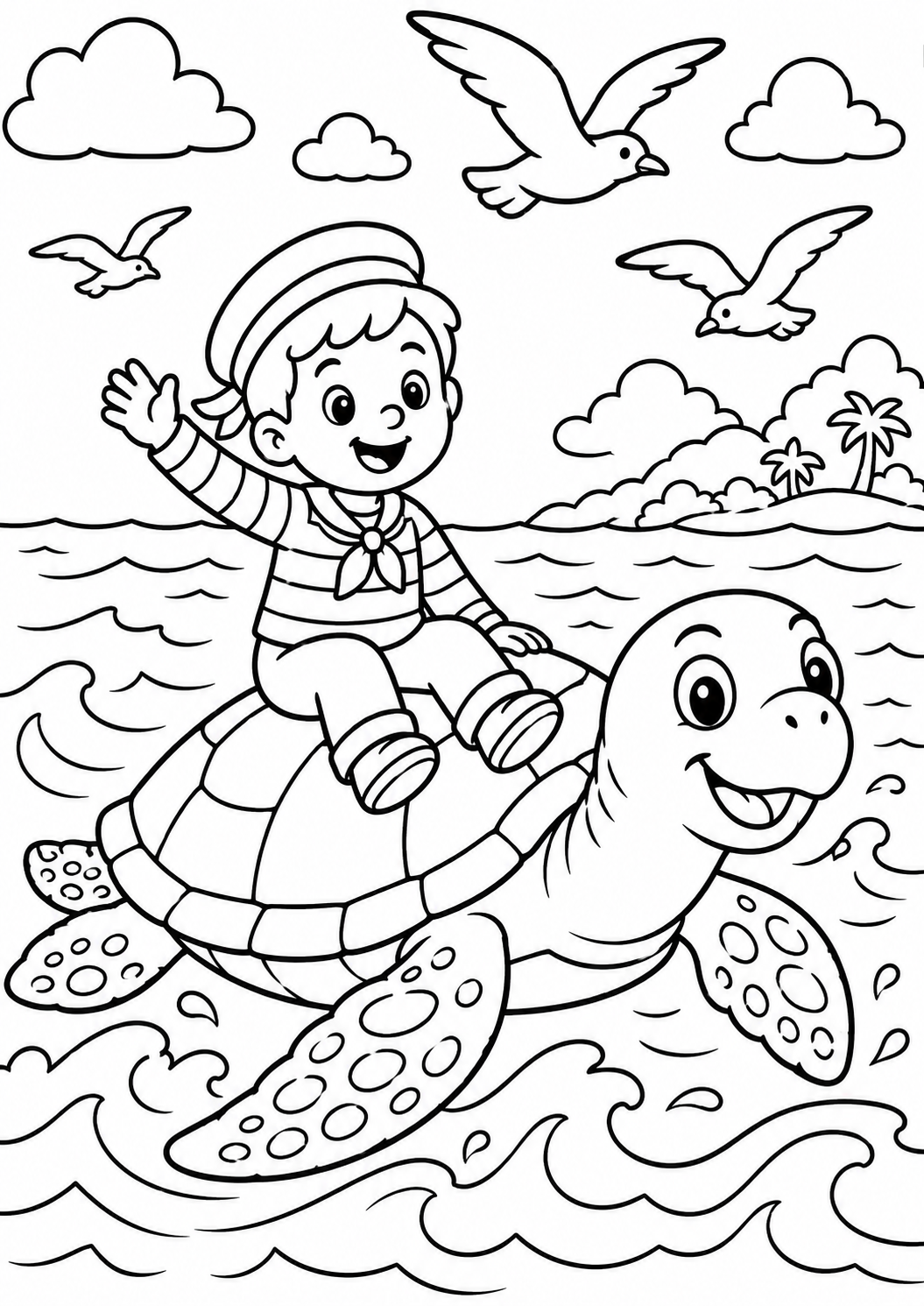 A delightful coloring page of a child joyfully sitting on a turtle in the ocean, with birds flying above under a sunny sky. This scene captures an adventurous mood for young coloring enthusiasts.