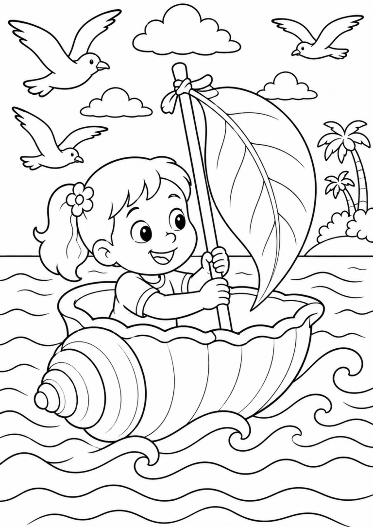 A happy child enjoys a whimsical sailing adventure in a shell-shaped boat, surrounded by ocean waves, soaring birds, and distant palm trees under fluffy clouds.