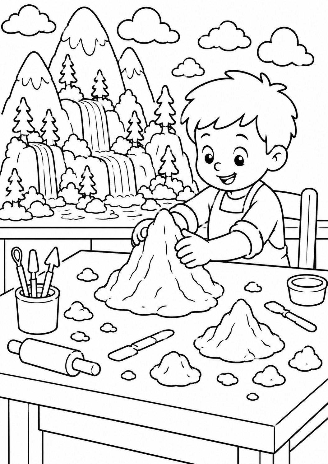 Coloring page of a happy child sculpting clay on a table, surrounded by tools, with mountains and waterfalls in the background, offering a creative scene for coloring.