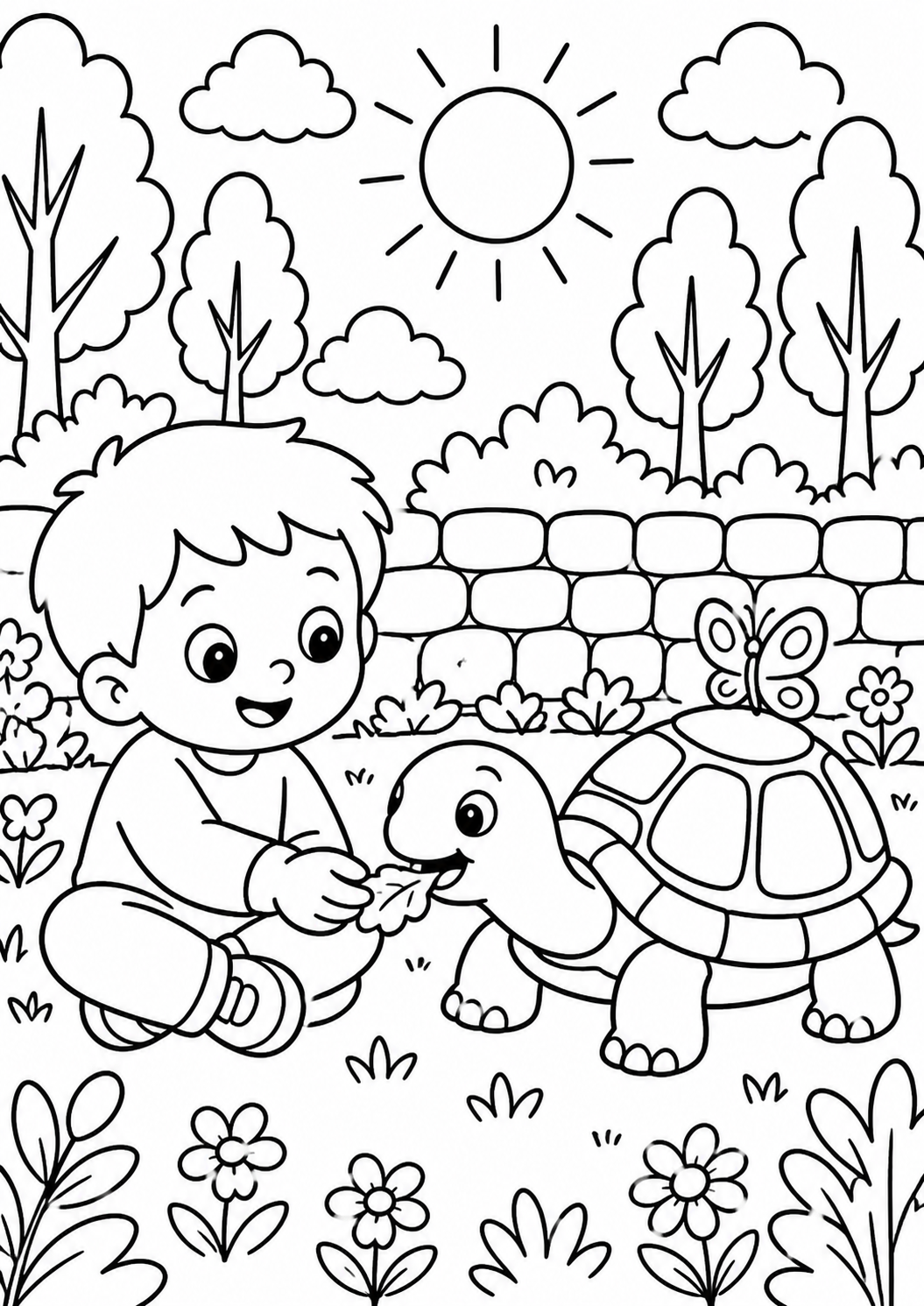 A child joyfully interacts with a friendly tortoise outdoors, surrounded by nature, flowers, and a sunny landscape, capturing a playful and serene moment.