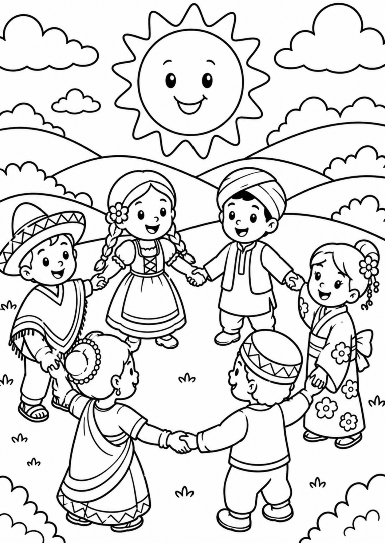 A group of children in diverse traditional costumes holding hands in a circle under a smiling sun, with a landscape of rolling hills and clouds behind them, symbolizing cultural diversity and unity.
