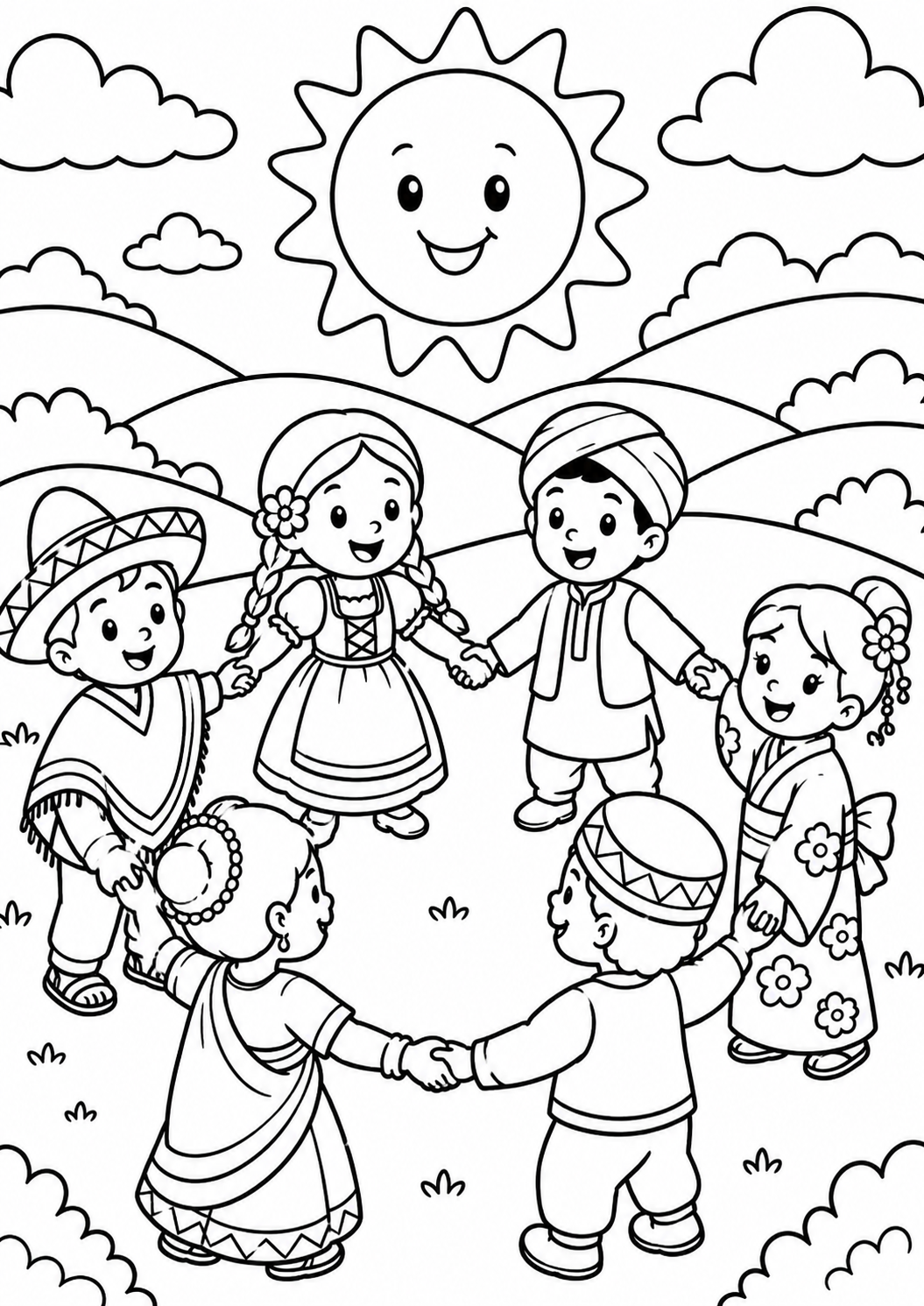 A group of children in diverse traditional costumes holding hands in a circle under a smiling sun, with a landscape of rolling hills and clouds behind them, symbolizing cultural diversity and unity.