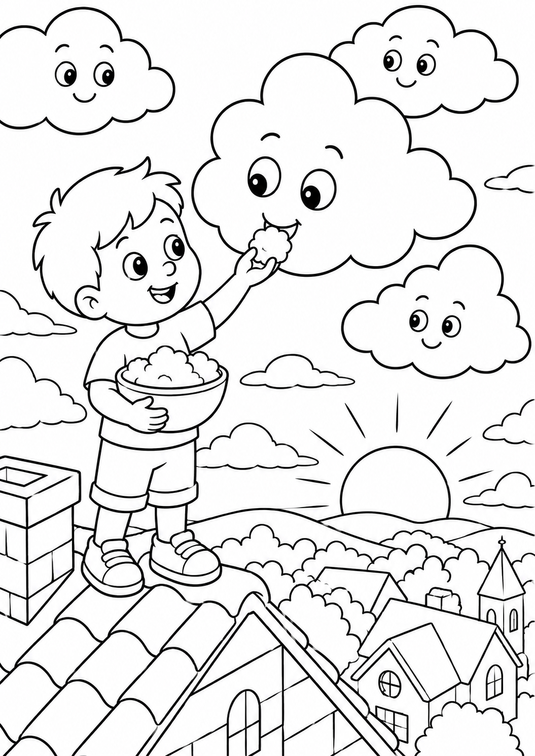 A delightful children's coloring page showing a child feeding clouds in a picturesque setting with a sunset and a village landscape.