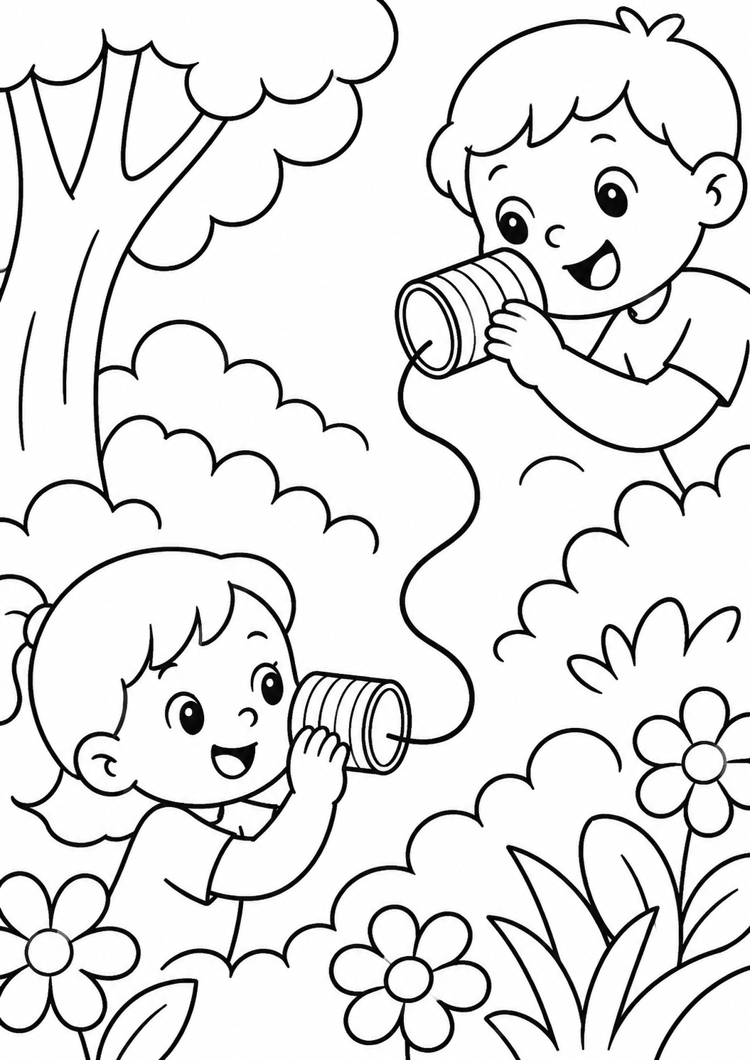 A playful coloring page showing two children using tin can telephones in a garden. Surrounded by trees and flowers, they are smiling and engaged in imaginative play, offering a joyful coloring experience.