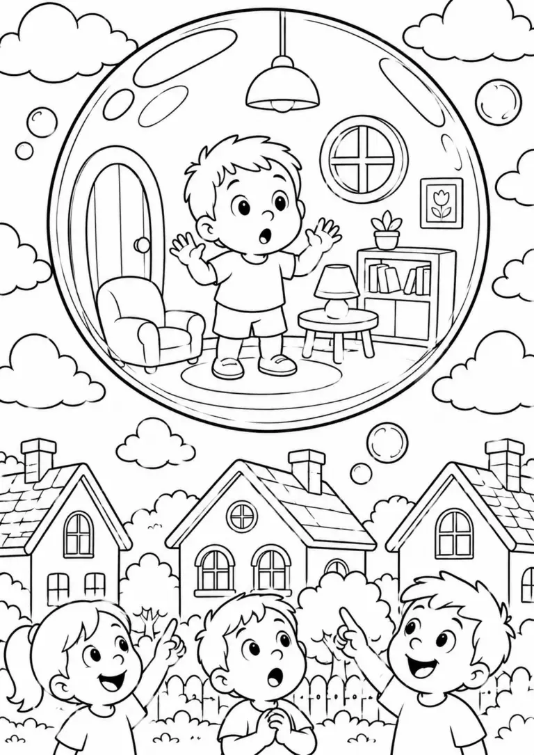 A coloring page depicting children pointing at a child inside a floating bubble. The scene includes houses and clouds, creating a fantasy atmosphere for kids to color and enjoy.