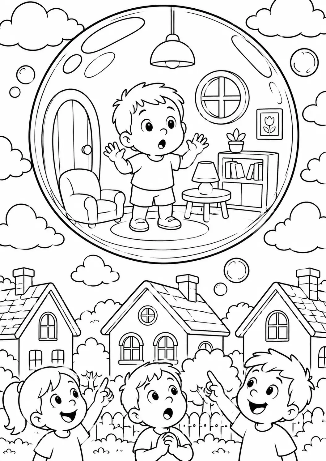 A coloring page depicting children pointing at a child inside a floating bubble. The scene includes houses and clouds, creating a fantasy atmosphere for kids to color and enjoy.