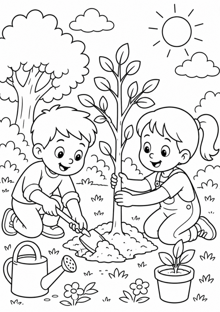 Coloring page of two children gardening, with a boy using a shovel to plant a tree and a girl supporting it, set in a sunny, green landscape.