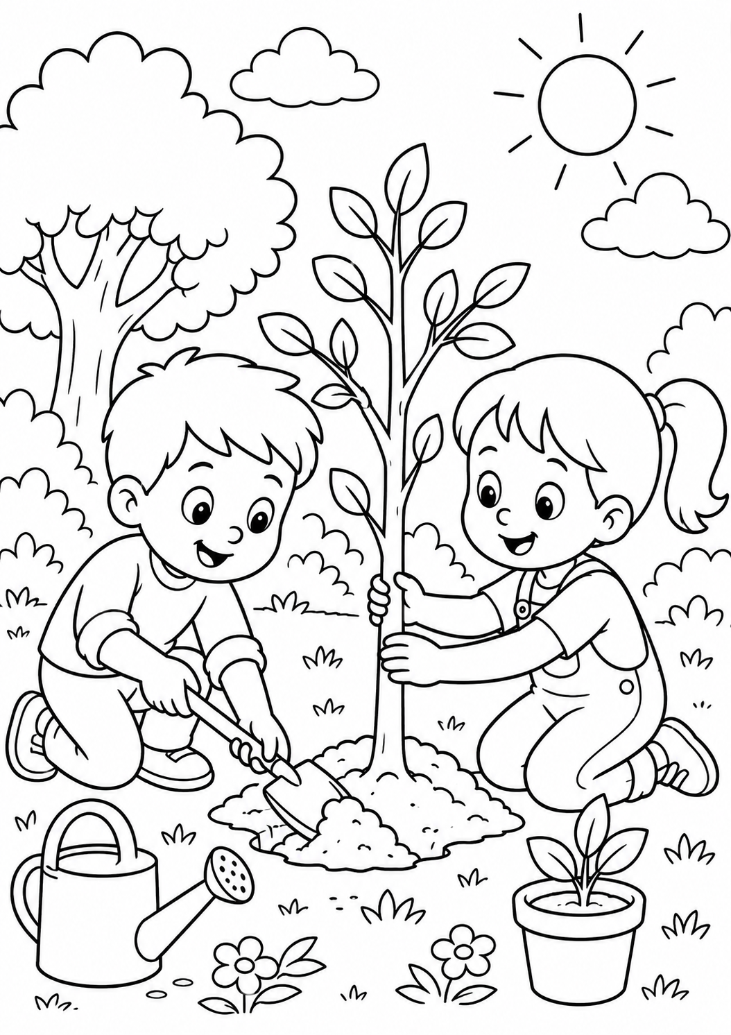 Coloring page of two children gardening, with a boy using a shovel to plant a tree and a girl supporting it, set in a sunny, green landscape.